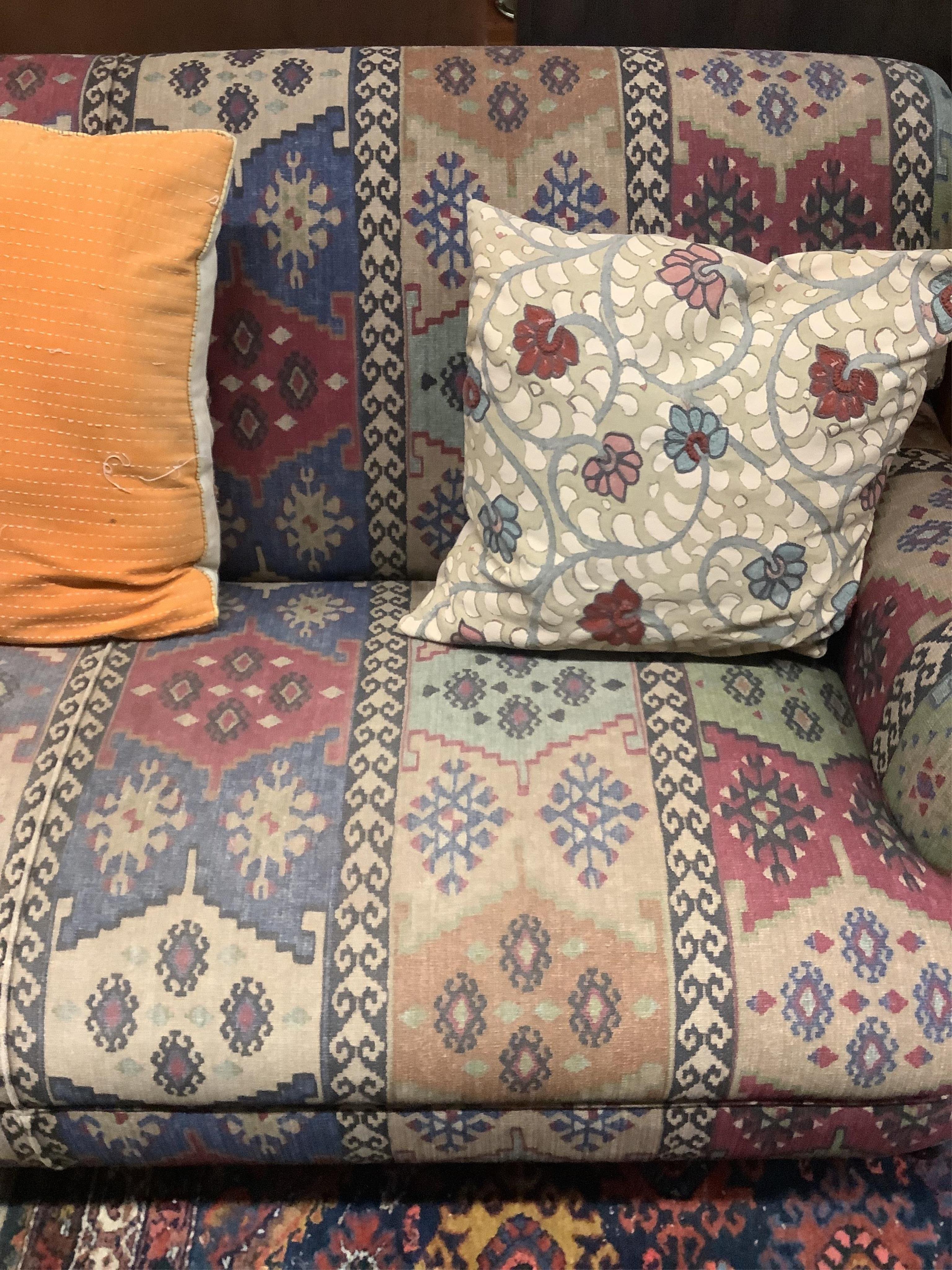 A two seater settee with Kilim style upholstery, width 178cm, depth 90cm, height 78cm. Condition - fair